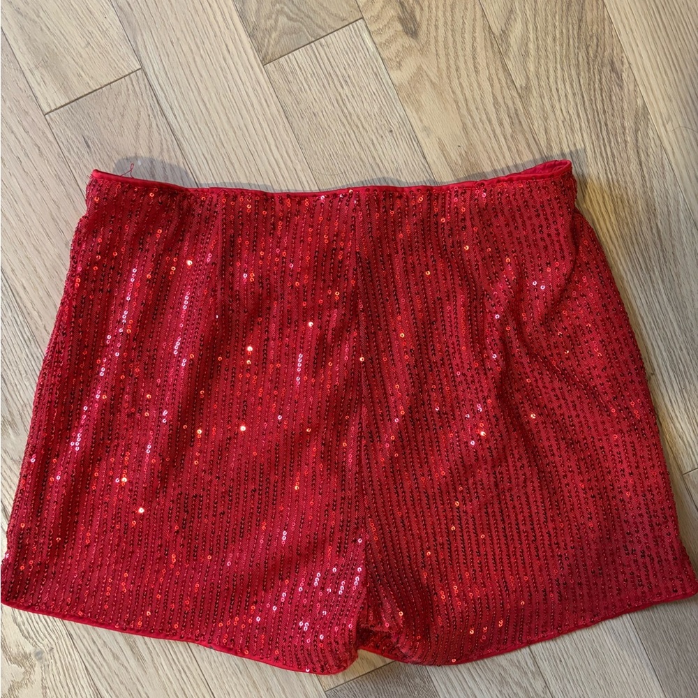 Red Sequin High Waist Shorts - Picture 3 of 4